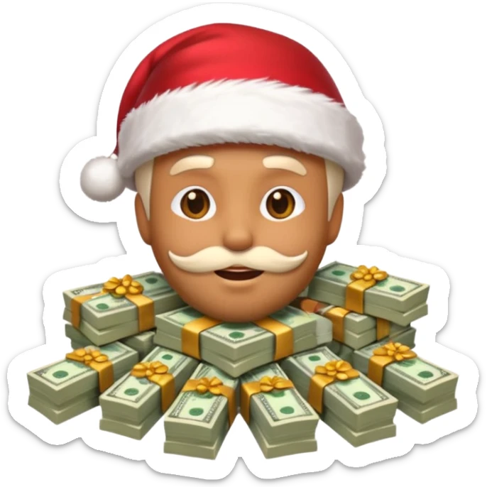 A confident rich emoji face wearing a Santa hat, money stacks, casino vibe, New Year theme, premium 3D emoji style, sharp details, no text, isolated on transparent background sticker