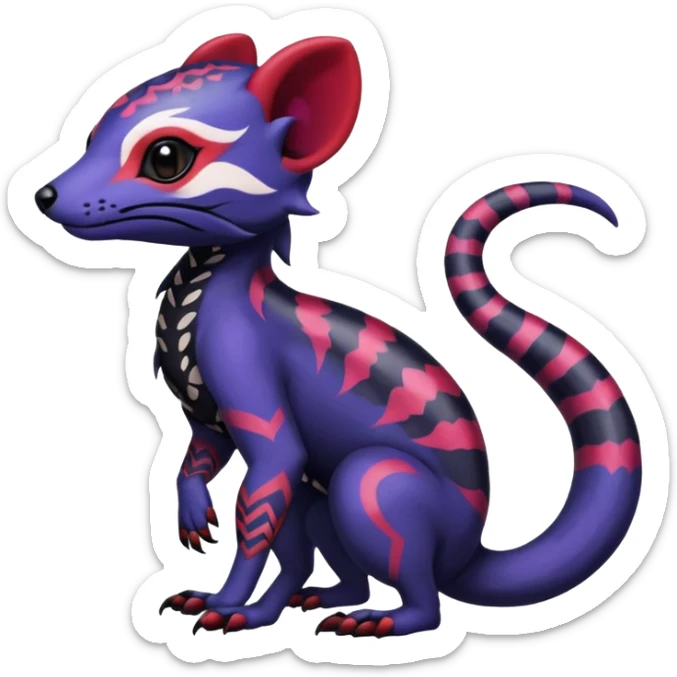 Rare warm-colored exotic gloomy tropical edgy cute epic aesthetic spooky indigo violet white black red gothic colorful Salandit-Noibat-Civet-species-Fakemon-hybrid-creature, with tribal tattoo markings, full body sticker