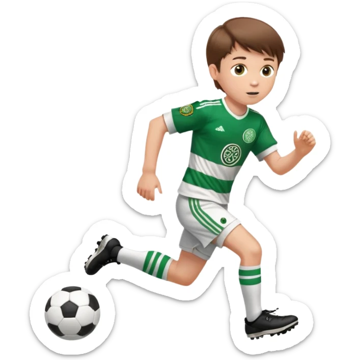 Celtic footballer jersey logo  6 years old brown hair white boy , brown eyes , stripes uniform , RUNNING  with soccer ball # 17 celtic football logo PUT ONLY ONE LOGO ONE CELTIC LOGO ONLY white shorts sticker