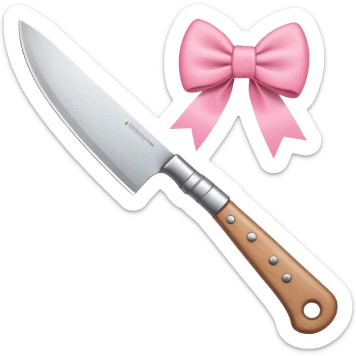 Emoji style illustration of a kitchen knife with a cute pink bow tied around the handle, minimalistic, clean design, white background, soft colors, flat vector style, kawaii emoji sticker