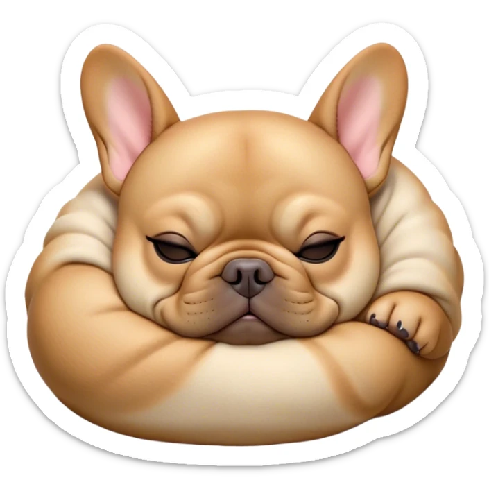 Cinematic Meme-Worthy Chubby Sleeping Fawn French Bulldog Portrait Emoji, Head resting peacefully with a contented smile, showcasing a delightfully chubby build and a luxuriously soft fawn coat, eyes shut in a serene nap, Simplified yet hilariously adorable features, highly detailed, glowing with a soft, drowsy light, high shine, relaxed and utterly lovable, stylized with an air of playful laziness, bright and heartwarming, soft glowing outline, capturing the essence of a comically sleepy companion, so meme-worthy it feels like it could instantly become the next viral sensation of adorable slumber! sticker