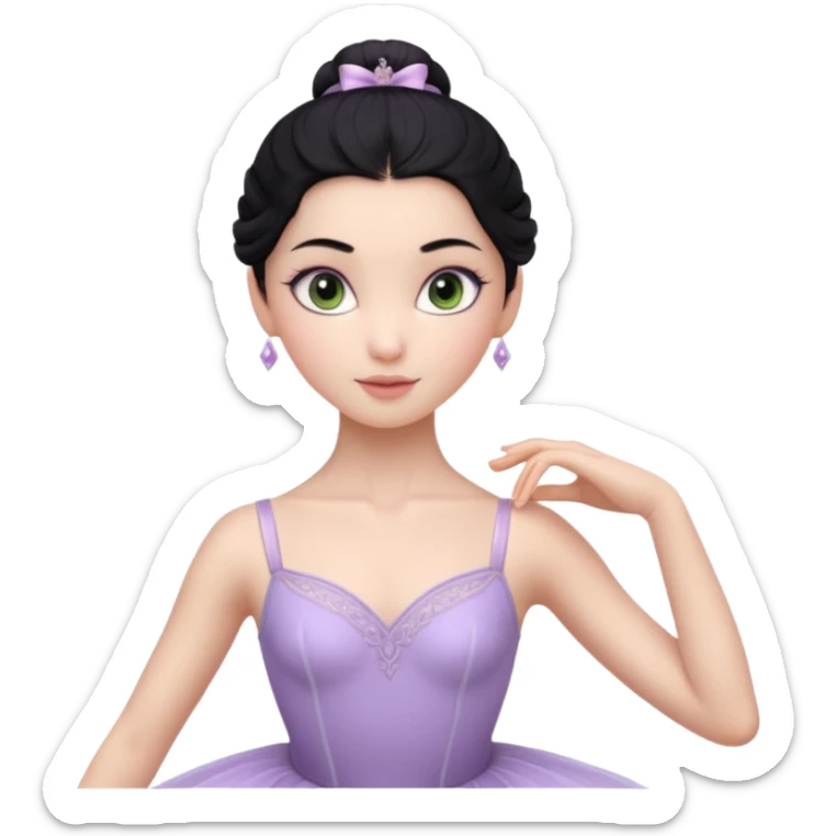 Cinematic Realistic ballerina Light Purple Portrait, depicted with lifelike skin texture, subtle rosy undertones, and soft natural lighting that enhances the gentle contours of her face. Her intricately detailed sweet black hair is elegantly styled, green eyes sticker