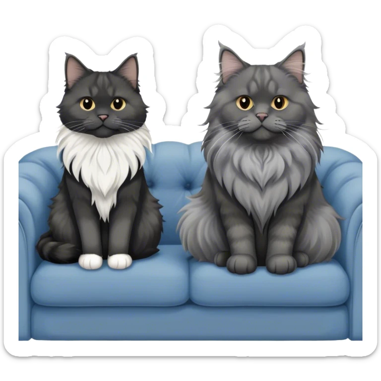 A large black smoke Maine Coon cat with long grey ear tufts and a fluffy grey ruff, sitting next to a chubby British Shorthair cat in blue color with plush fur, both sitting comfortably on a sofa. Beautiful room background with flowers and soft lighting. Transparent background. sticker