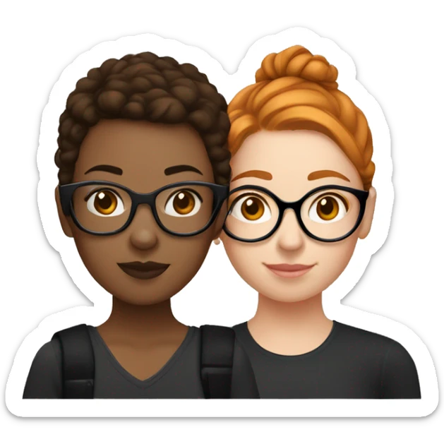 two couple girls, the first with brown hair and black round glasses, the other with short little ginger hair and a square black glasses sticker