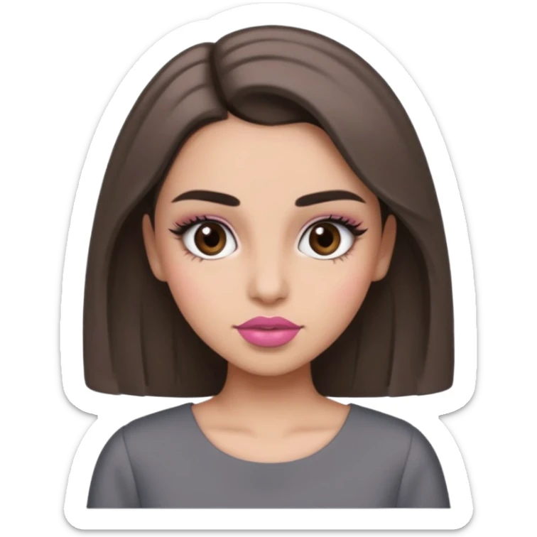 Hidjab girl that is wearing gray dress, and her brow is thick so her eyelash is tall and rumol is pink sticker