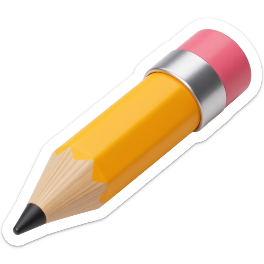 wooden pencil with a pink eraser, realistic texture, skeuomorphism icon style sticker