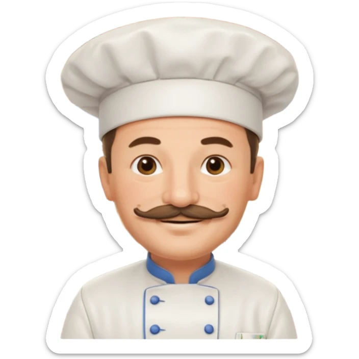 Est-ce que tu peux me faire un chef cuistot qui ressemble à Philippe Etchebest et qui est devant un restaurant? Est-ce que tu peux le faire souriant, avec une moustache de cuistot? 
 sticker