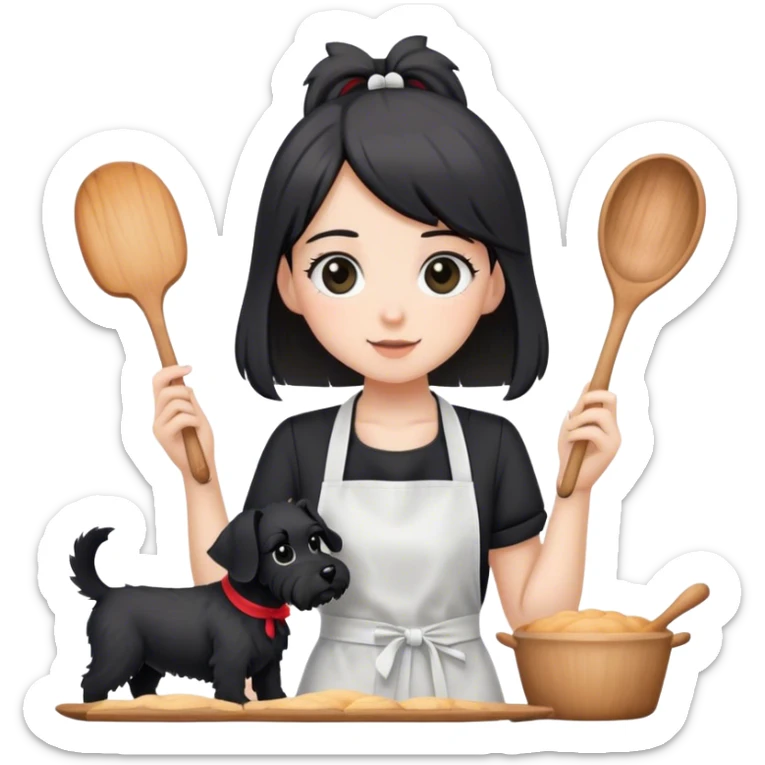 pale girl with long back hair wearing black long shirt wearing apron and baking holding black floppy ear schnauzer sticker