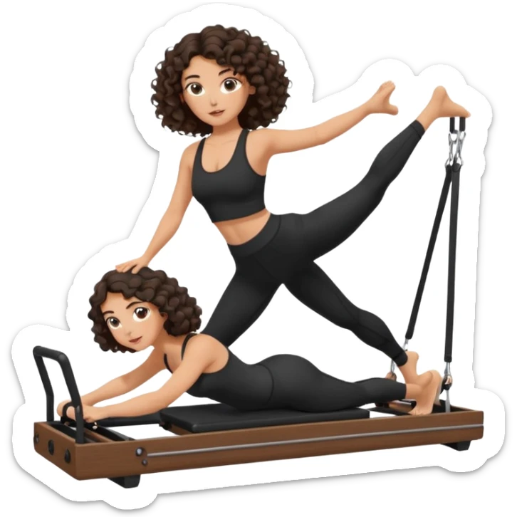 brunette,curly hair shoulder lenght,turkish,beautiful,with some eyelined eyes, 3b girl doing reformer pilates with black pilates cutesy set,on reformer machine,making different moves. sticker