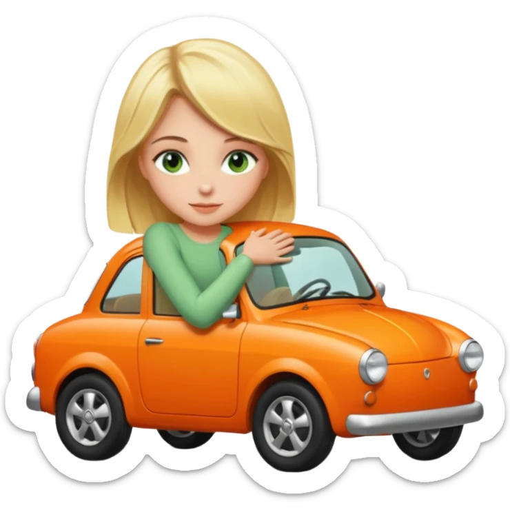 Blonde girl with green eyes Hughing a Orange car  sticker