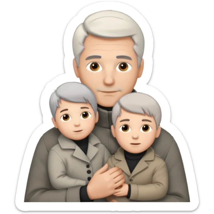 A father with silver-grey hair styled neatly and a clean-shaven face, wearing a dark turtleneck and wool coat, holding his child gently. The child has light brown hair and a soft white jacket. Warm cinematic lighting, emotional close-up. sticker