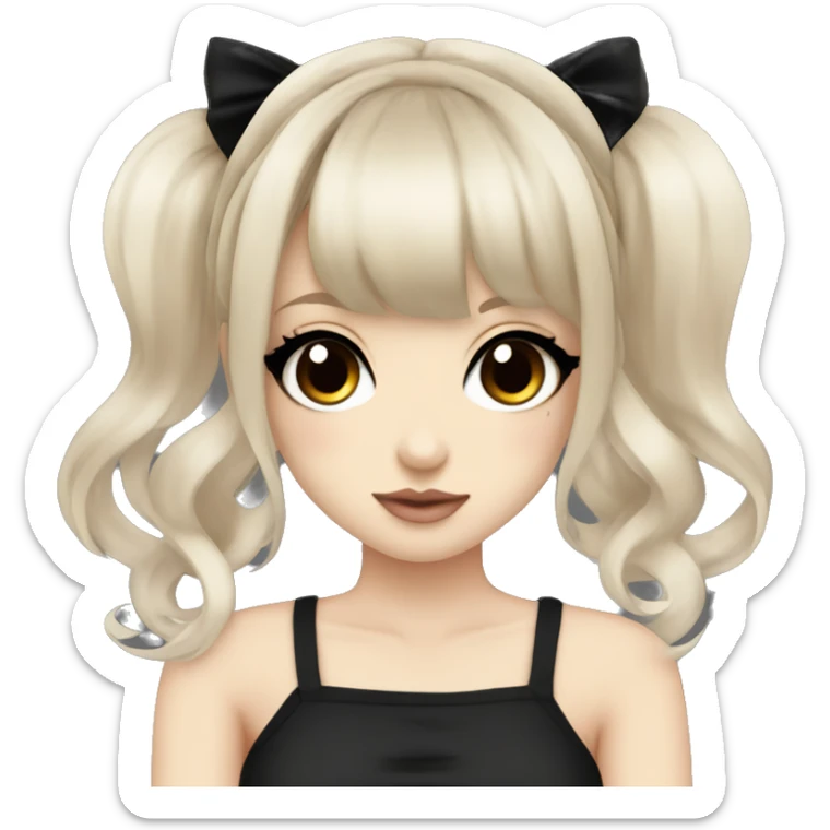 hime gyaru girl, tattoos, pale skin with brown eyes and black hair with bangs, dark makeup, black shirt sticker
