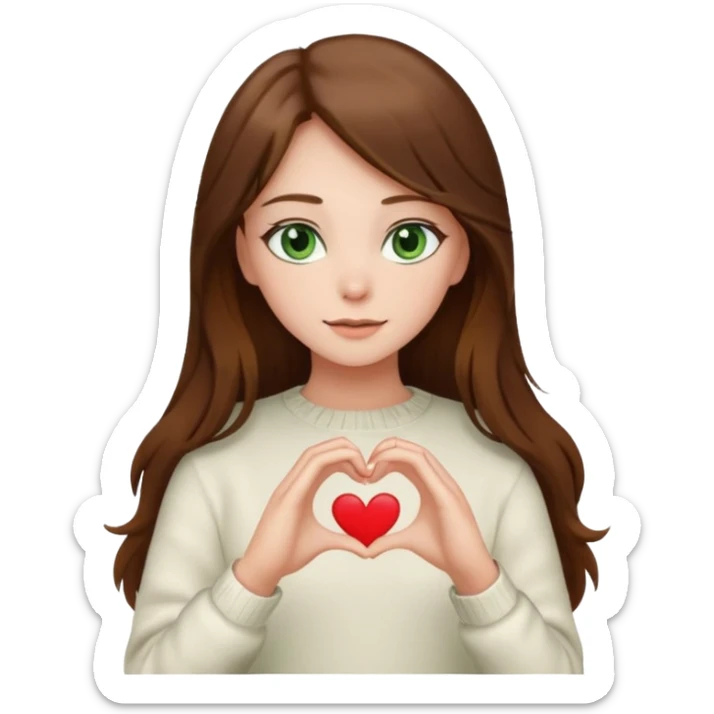 Girl green eyes brown long hair white warm sweater doing hands heart sticker