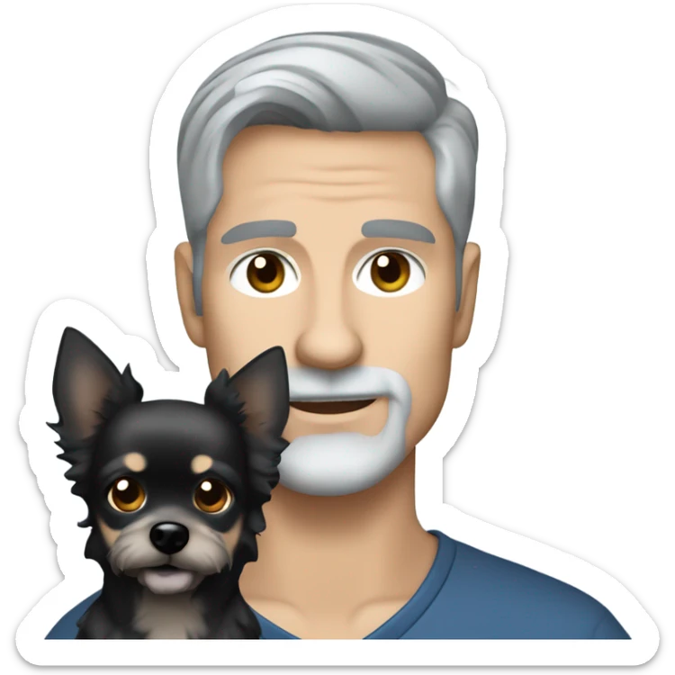 Handsome man with gray goatee and gray hair and blue eyes holding all black long haired chihuahua sticker