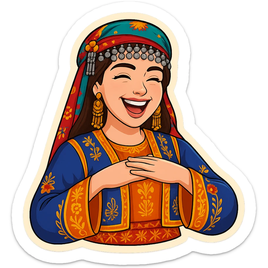 Kurdish cartoon sticker of the same woman in the new dress, laughing with a big smile, eyes closed, joyful expression, no text, transparent background sticker