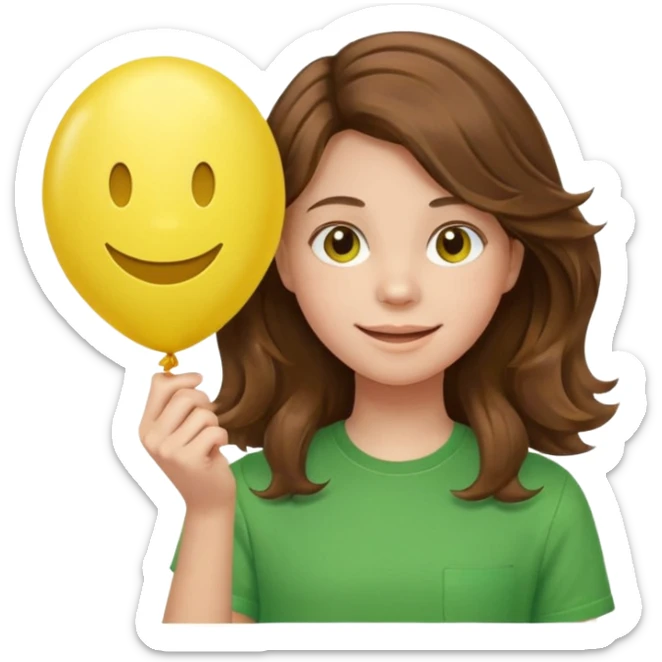 Teen girl wavy brown hair, green shirt, with smiley-face balloon sticker
