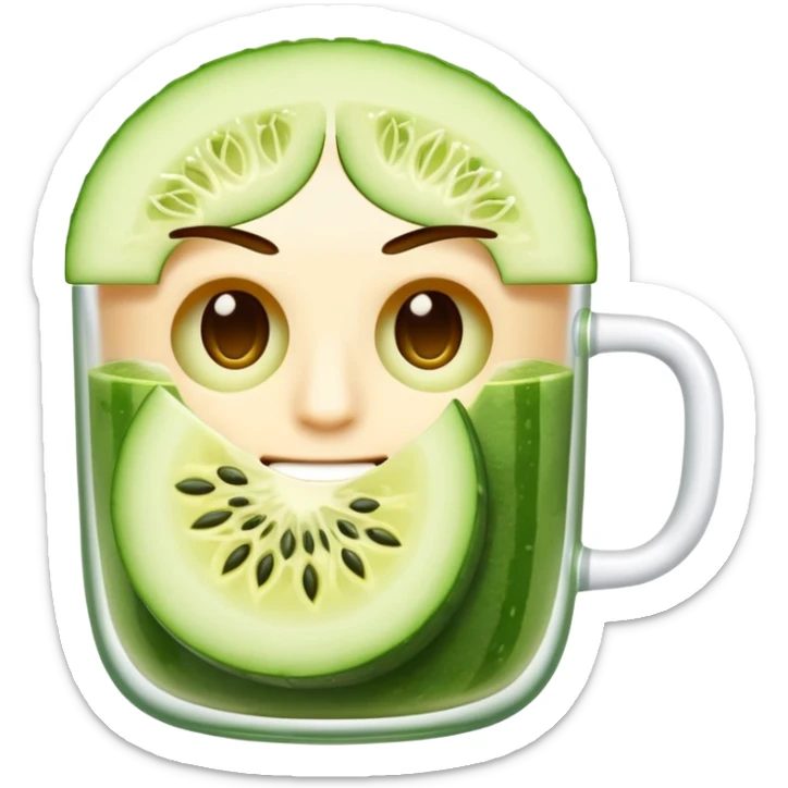 A face emoji with slices off cucumbers in his eyes and drinking a cup of Matcha sticker