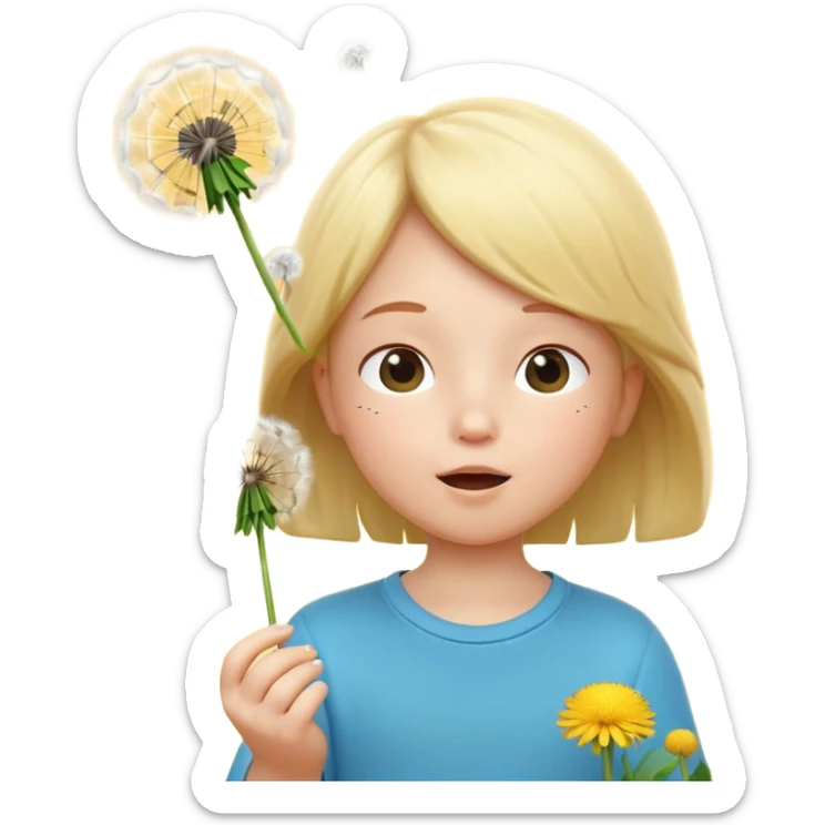 A 3D cartoon child blowing on a dandelion, seeds flying in the air, sunny garden background, realistic Memoji-style. sticker