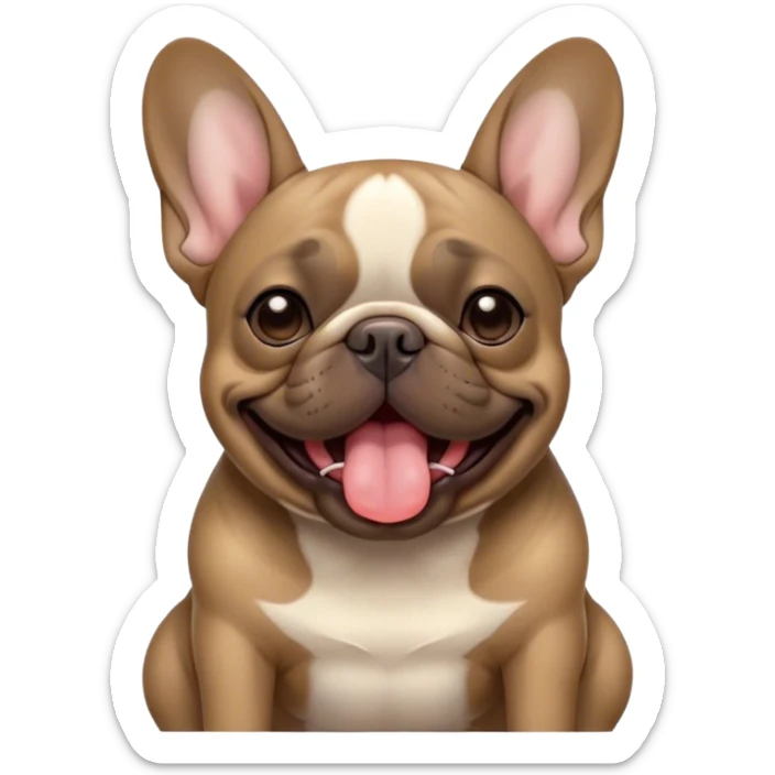 Cinematic Cute Yawning Brindle French Bulldog Portrait Emoji, Head tilted slightly with a dramatic, wide-open yawn, showcasing a sleek brindle coat with subtle fawn highlights, floppy ears slightly drooping, round dark eyes barely open in drowsy contentment, Simplified yet irresistibly adorable features, highly detailed, glowing with a soft, cozy glow, high shine, relaxed yet expressive, stylized with a touch of whimsy, bright and endearing, soft glowing outline, capturing the essence of a sleepy yet affectionate companion, so drowsy it feels like it could stretch out of the screen and curl up for a nap! sticker