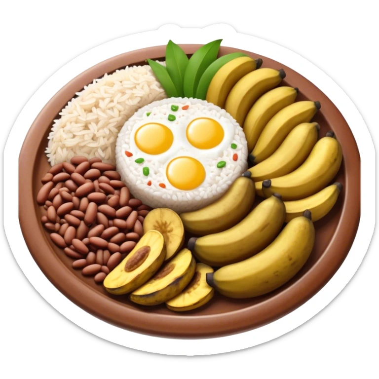 Cinematic Realistic Bandeja Paisa Dish Emoji, depicted as a hearty platter featuring beans, rice, meat, and plantains rendered with detailed textures and vibrant, robust lighting. sticker