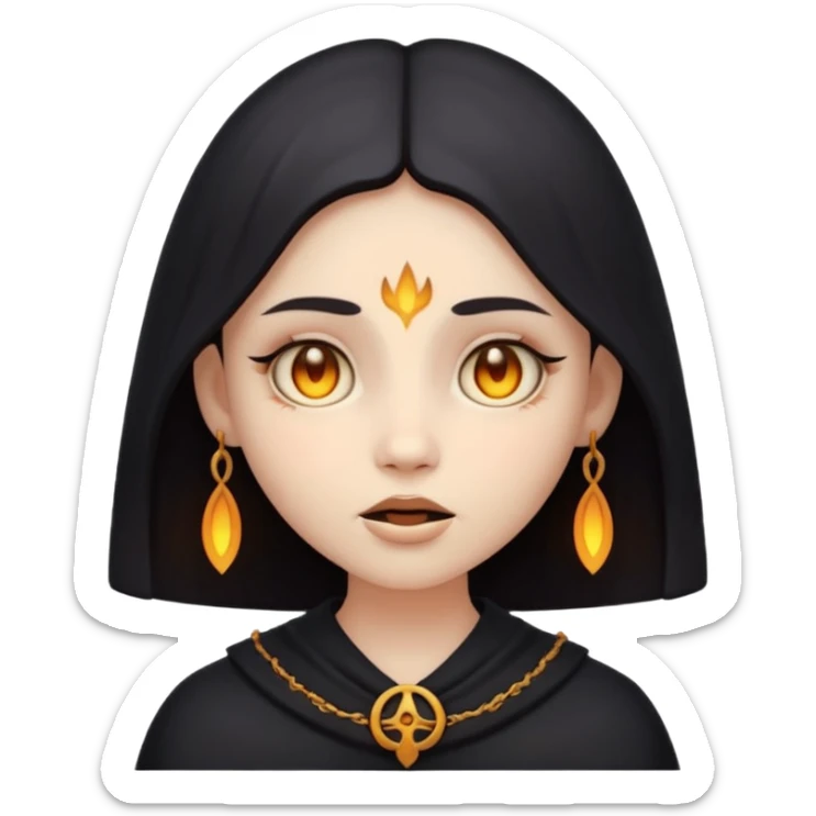 Stylized cult cartoon girl emoji, eerie-cute aesthetic, symmetrical design, subtle spooky vibe, glowing eyes, chanting “AMILK”, bold graphic icon sticker