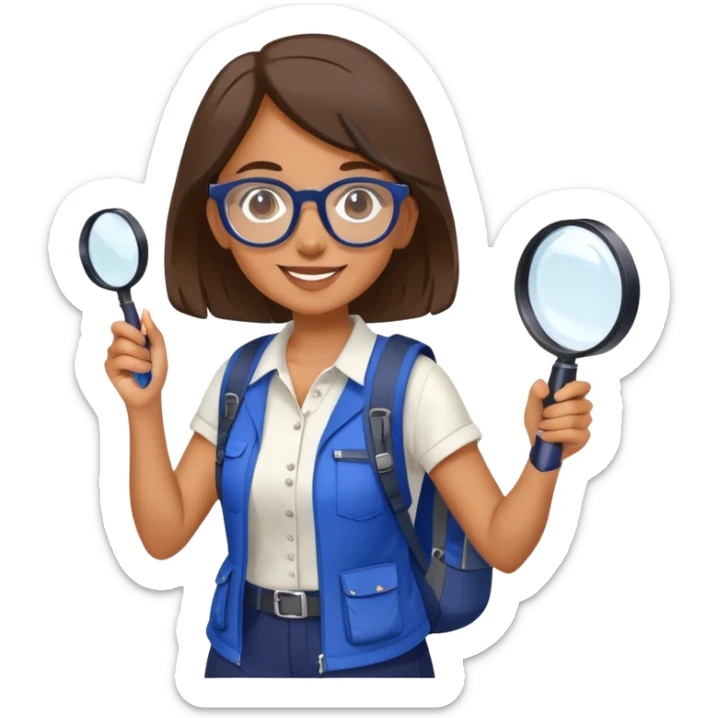 Happy woman hiker with glasses in vibrant dark blue and white outfit, backpack, holding magnifying glass sticker
