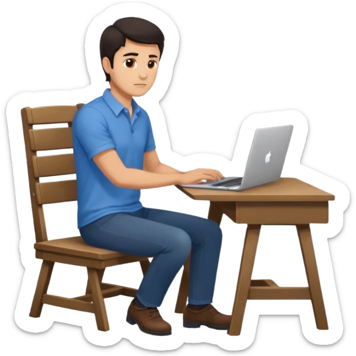 Rich man sitting on a chair, working at desk, looking to laptop in office, in shirt, dark hair, he is german very beautiful looks like, full body view sticker