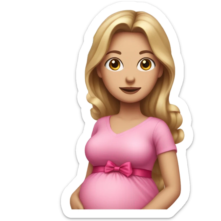 White pregnant woman with blue eyes and Dark blond hair, pink dress with bow and pink heart ballons.  sticker