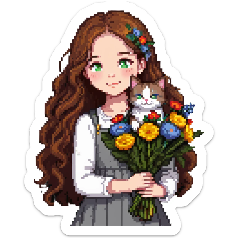A cool girl with long brown hair and fair skin tilts her head and holds a bouquet of flowers and a cat sticker