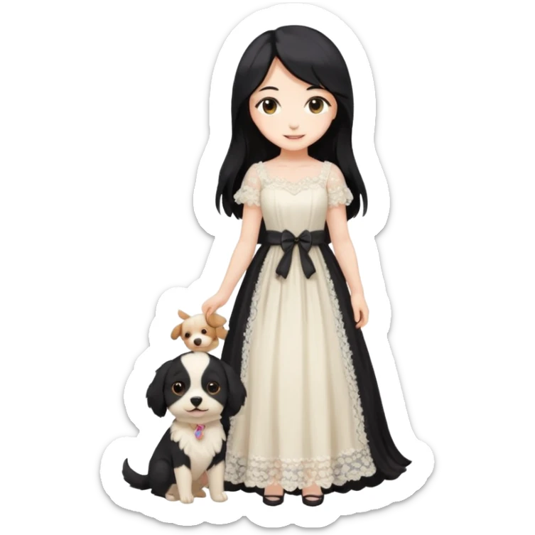 Pastel anime lady long hair with long lace dress full body holding puppy sticker