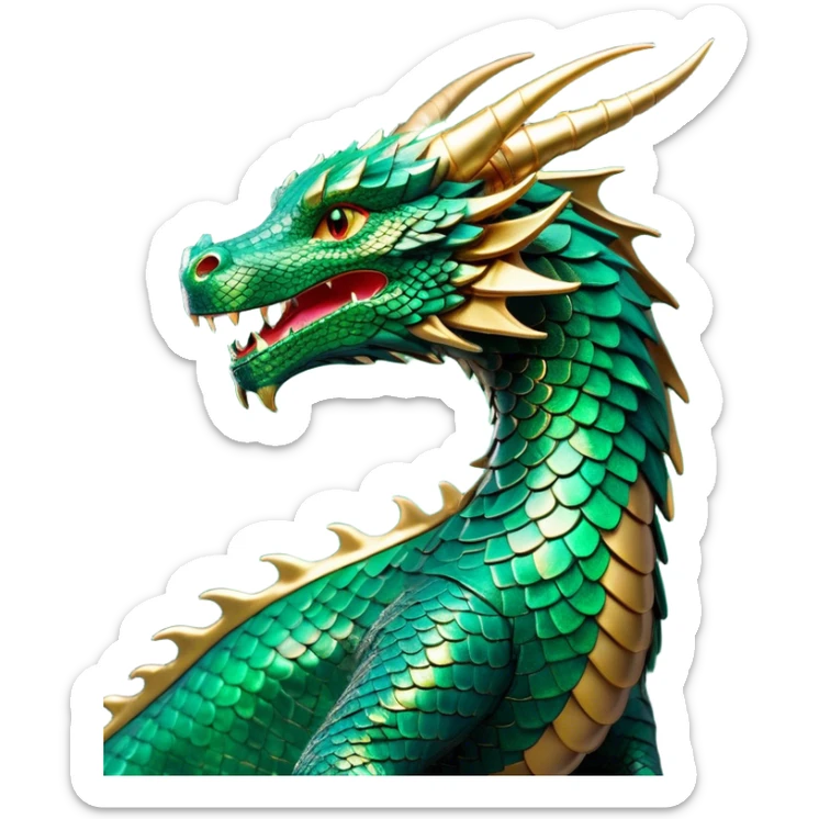 Cinematic Noble Dragon Portrait Emoji, Poised and majestic, with a sinuous, elongated body covered in intricately detailed, shimmering scales in hues of emerald and gold, and piercing, fiery eyes that reflect ancient wisdom; rendered with lifelike texture and natural highlights, high shine, intelligent and formidable, styled with an aura of mythic power, focused and attentive, soft glowing outline, capturing the essence of a legendary dragon that appears ready to soar out of the screen with timeless authority! sticker