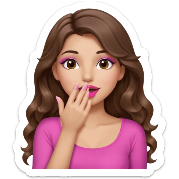 girl with long wavy brown hair, brown eyes, long lashes makeup, sexy pink lips, light to medium complexion, wearing a pink sexy top, sexy, giggling hand covering mouth sticker
