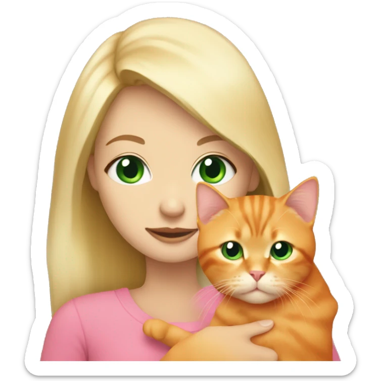 blonde hair green eyes girl hold a orange cat with a pink cover over them sticker