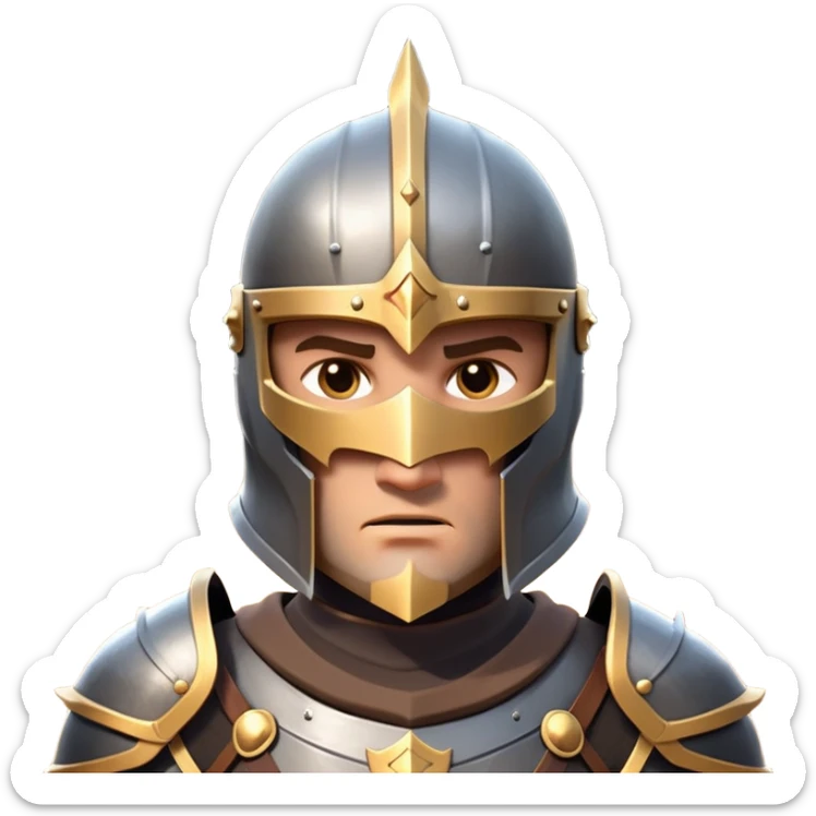 clash-of-clans-aesthetic_-cinematic-fearsome-and-majestic-knight-bust-portrait-emoji, rendered in a flat, vector-style with minimal shading and bold, simplified shapes, depicting a battle-ready medieval knight with steely eyes and intricate armor, riding on a black warhorse looking regal reflecting sunlight over a misty battlefield. sticker