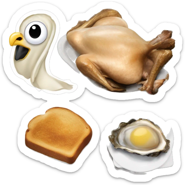 Standing crazy Turkey next to blackened toast and oysters and a a slice of toast sticker