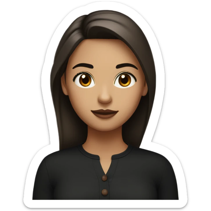 a girl with fair skin, large brown eyes, in a black long sleeve and with small brown lips with eyelashes sticker