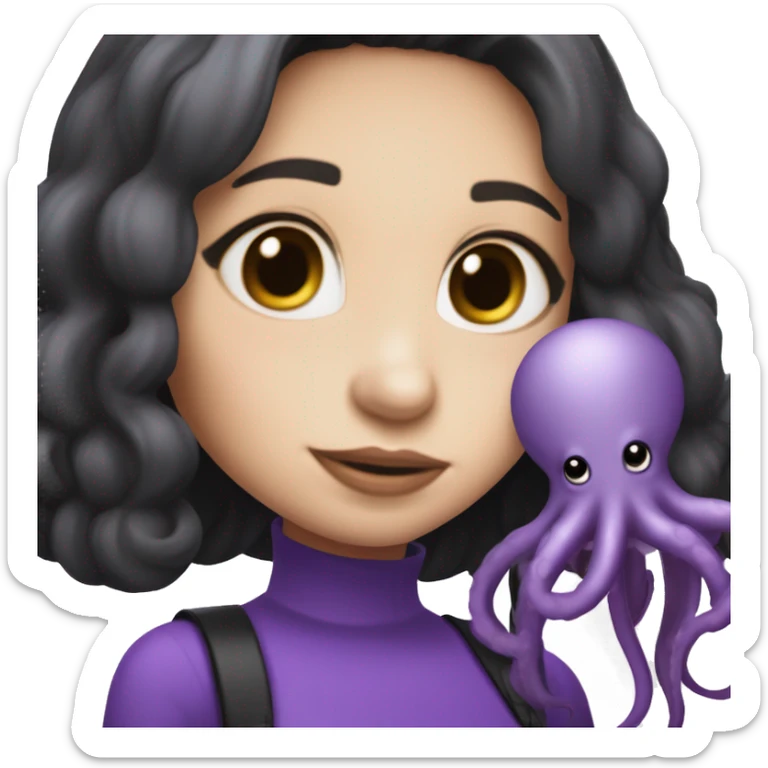 girl with white skin, longish very dark brown/black hair, wearing an all-purple full body outfit, holding a purple octopus in her hand, holding an IQOS in her other hand sticker