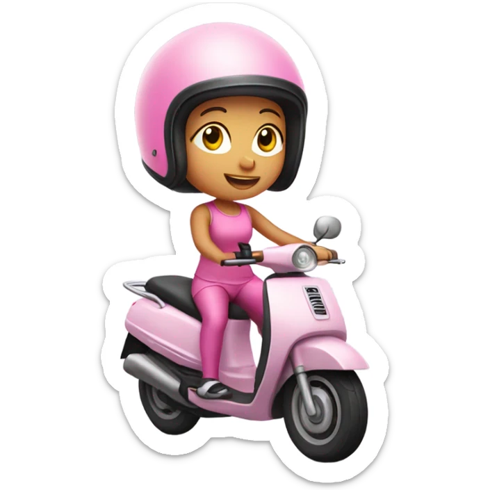 girl in helmet riding moped, wearing pink leggings and top sticker
