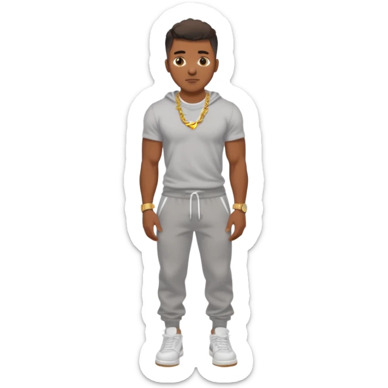 Handsome Black guy with brown skin tone, with muscular build, wearing gray sweatpants, a white t-shirt, white Air Force Ones sneakers, a small gold rope chain, and a gold watch  sticker