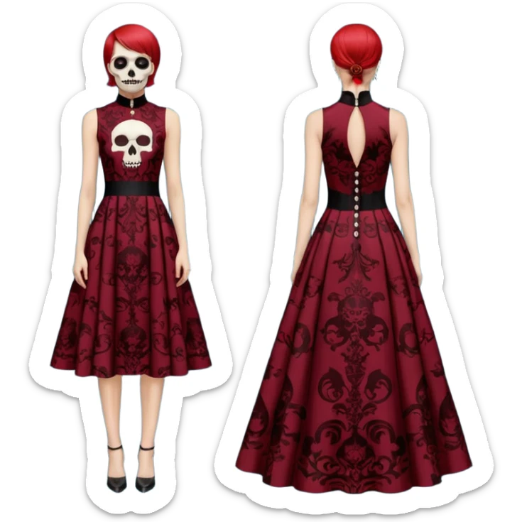 No human figures, Women's Skull Print Evening Dress in Oxblood, sleeveless evening dress featuring an all-over fiery red Skull print. High neck with button fastening, isolated, rendering sticker
