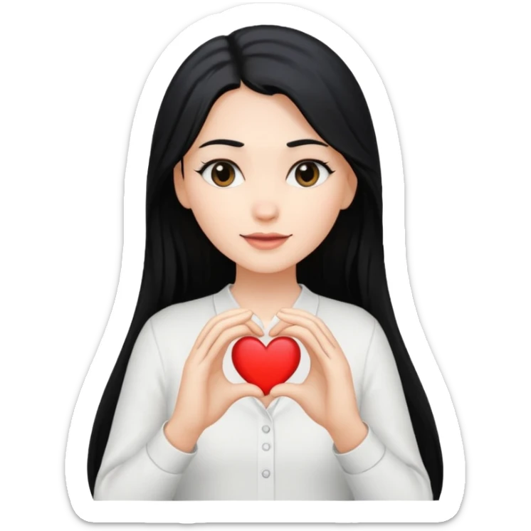 Mujer blanca cabello largo  negro haciendo un corazon con sus manos y tenga una camisa blanca sticker