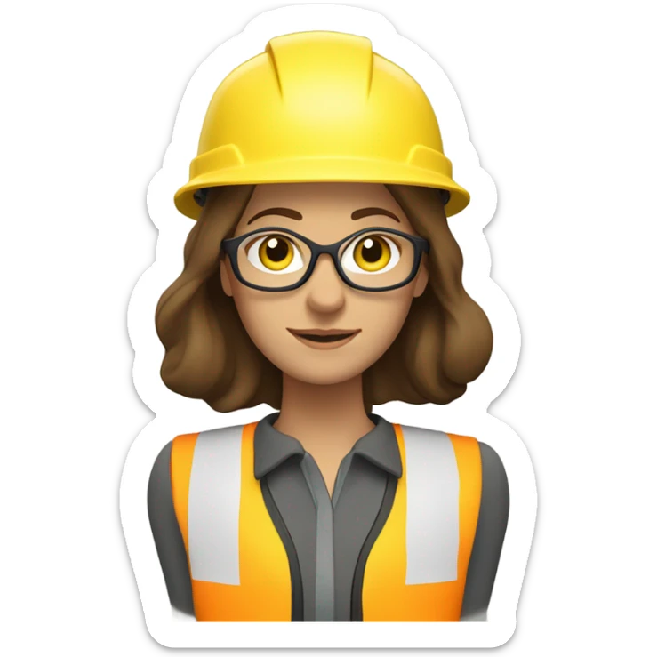 Caucasian woman with brown hair wearing a safety helmet, yellow safety vest, safety glasses and earplugs sticker