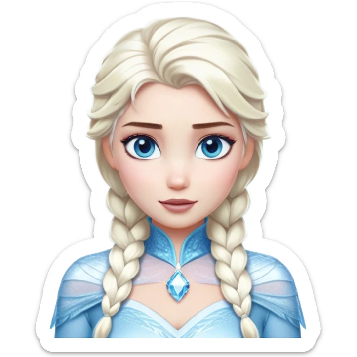 Cinematic Realistic Elsa Portrait, depicted with lifelike skin texture, soft natural lighting, and intricately detailed platinum blonde hair styled elegantly. Her striking, expressive blue eyes exude confidence and grace, complemented by a serene and regal expression. She is dressed in her signature icy attire, with shimmering fabric textures and delicate folds that catch the light beautifully. The portrait features a soft, enchanting glow with a cool, radiant finish, capturing the essence of timeless elegance in a realistic and painterly style, evoking a sense of depth and authenticity. sticker