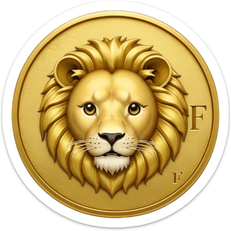 Fais un emoji de pièce d'or ronde avec l'inscription "F" dessus et un lion très détaillé gravé sur la pièce. Le F et le lion doivent être très lisible ainsi que les détails autour de la pièce. Le lion doit être gravé et en 2D il doit pas ressortir, il doit être subtile, le F doit être très visible sticker