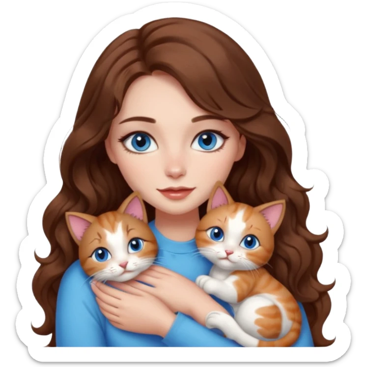girl with long wavy brown hair, blue eyes, long lashes makeup, cuddling with 6 cute cats sticker
