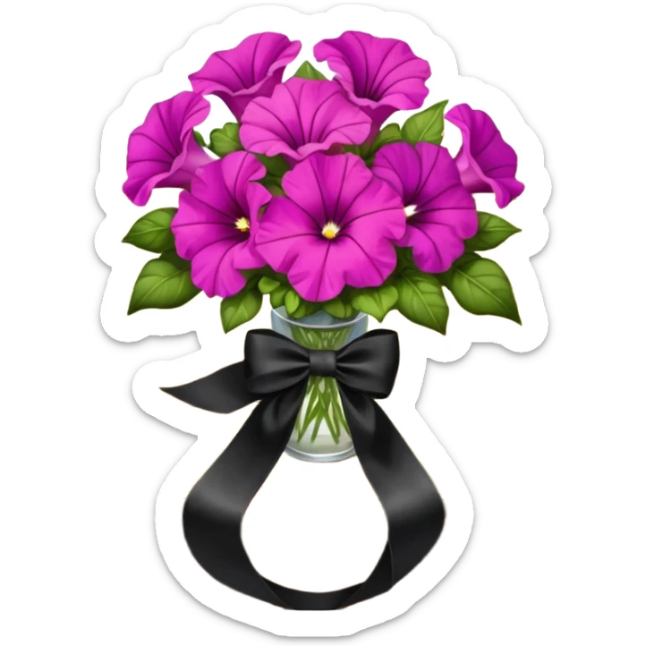 A lush bouquet of bright light margenta color petunia black satin ribbon, resting on an antique wooden table, with a pale yellow and pink plaid pattern table cloth sticker