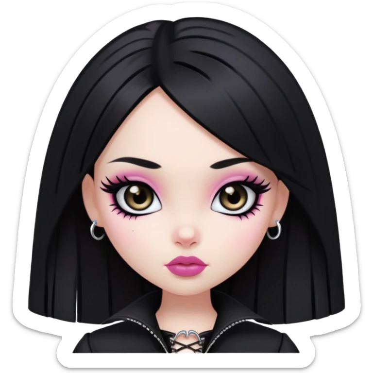 pretty bratz girl, black straight hair, dark brown eyes, pink lips, black eyeliner, pale skin, black gothic clothes sticker