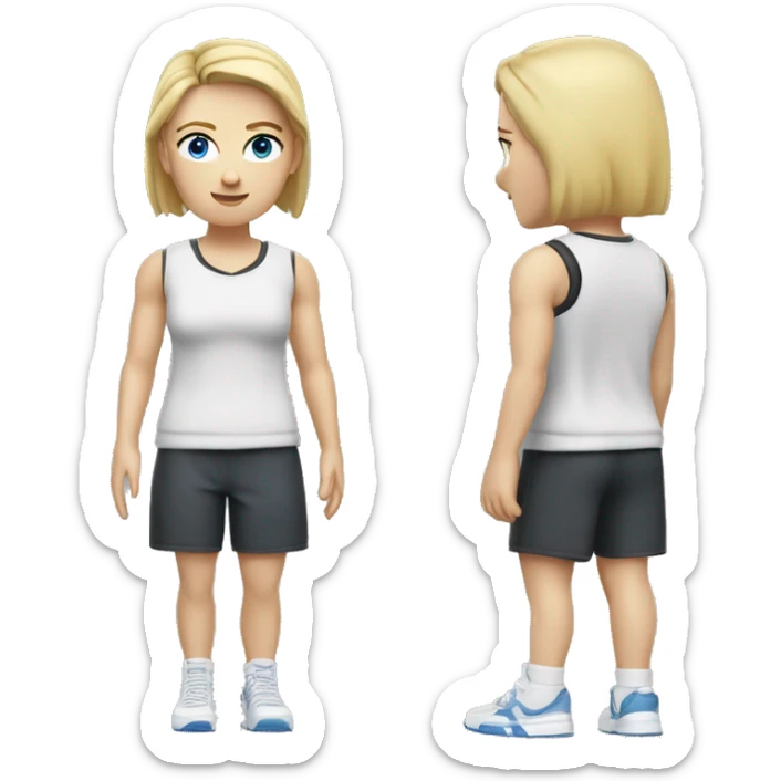 Close up Actively Pale skinned Fit woman With the biceps and blonde hair in dark gray Sleeveless Mike, black sports shorts, watch and white Sneakers and Blue Eyes  sticker