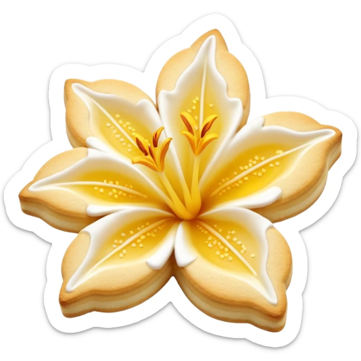 Realistic shortbread cookie in the shape of a lily flower with pastel yellow color jelly middle filling and sprinkled powder sugar on top. sticker