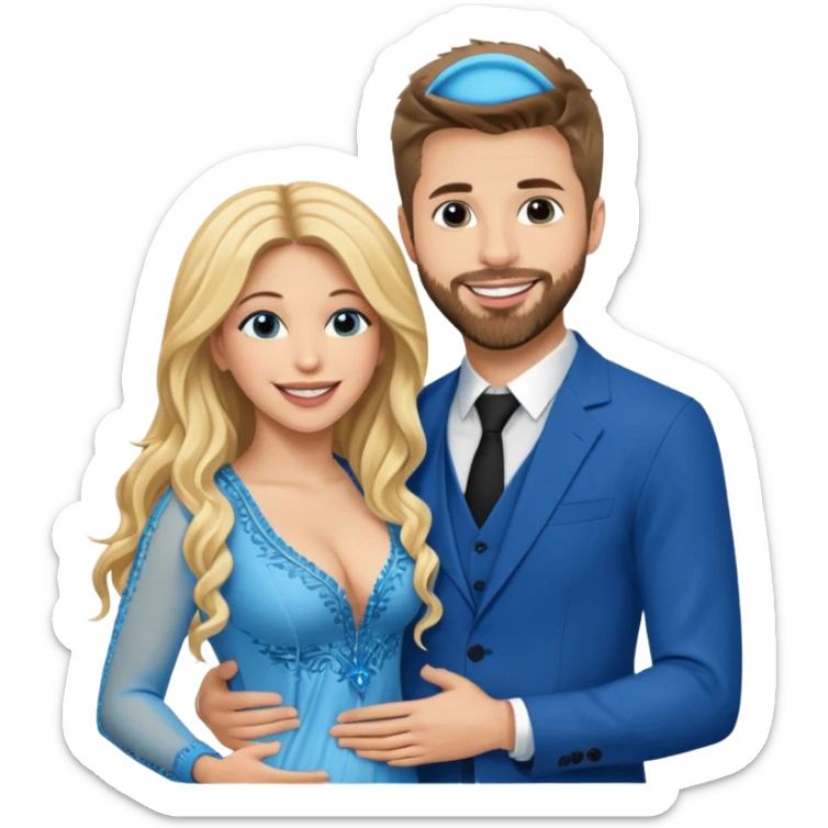 Shakira with blue eyes and her husband  Gerard pique with blue eyes  holding her in his arms. They both laugh at each other. Its beautiful and romantic. Also their outfits are very elegant  sticker